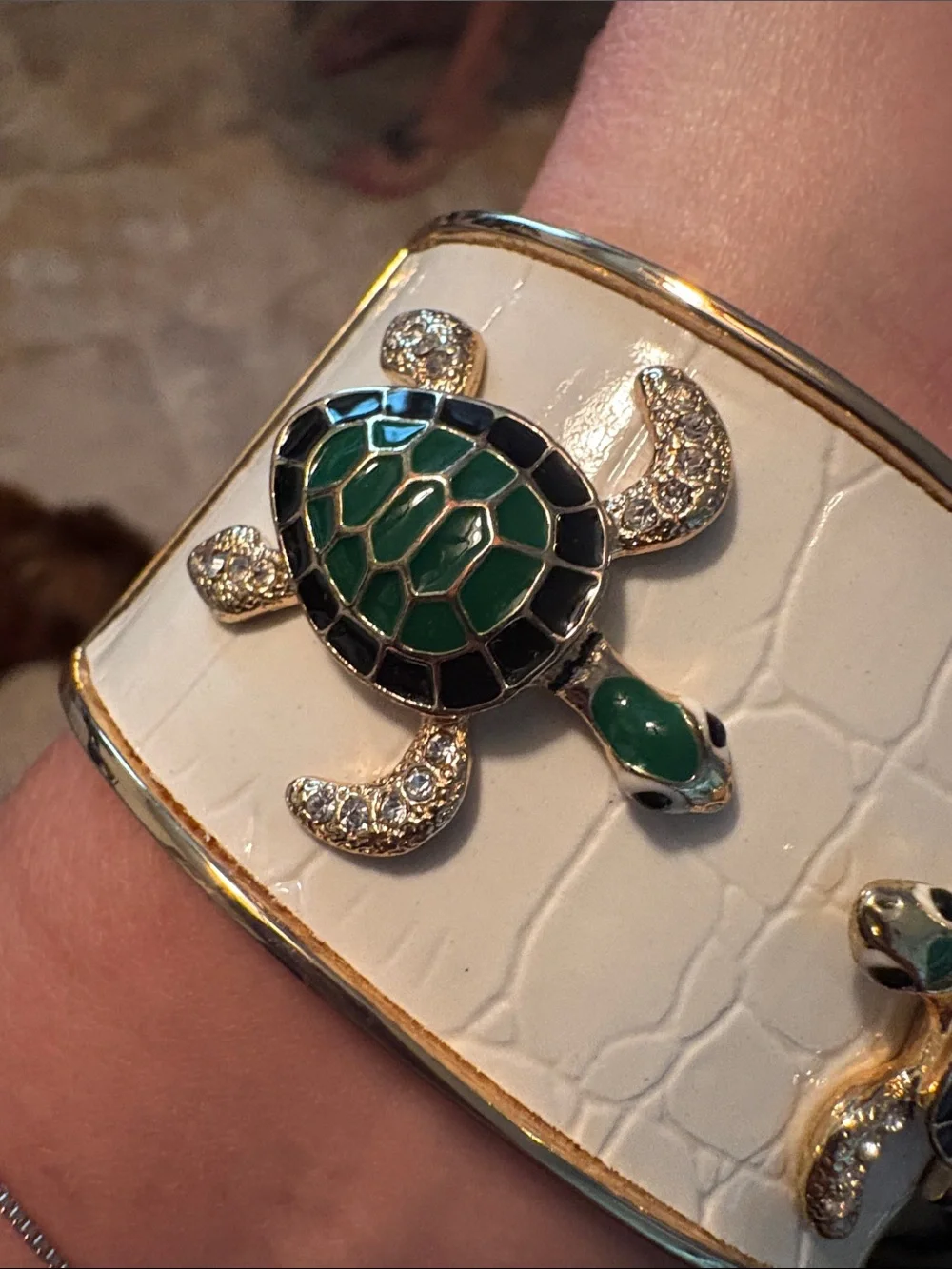White Croc-Embossed Cuff Bracelet with Green Turtle Accents
